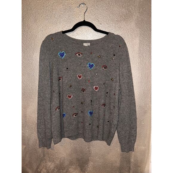 Halogen Seen on TV Mindy Project Gray Rhinestone Cashmere Embellished Sweater - Picture 1 of 5